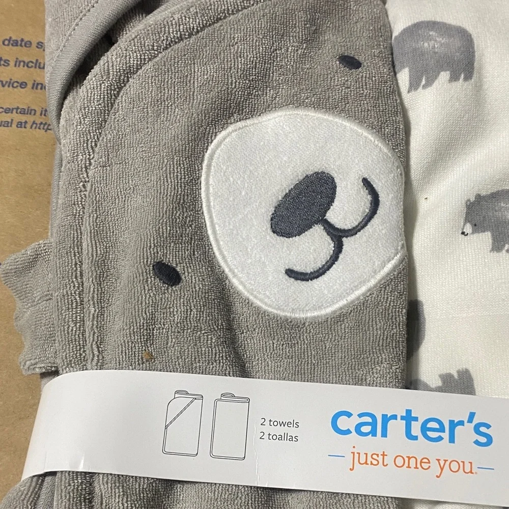 Carter's Gray and White Bear Hooded Towels